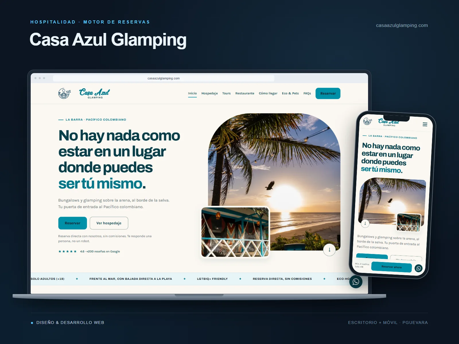 Mockup de la página web de Casa Azul Glamping en computador y móvil